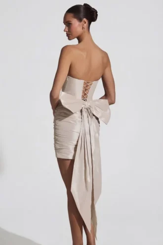 Viviana Satin Bow-Detail Strapless Mini Dress in Ivory