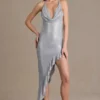 Vivienne Premium Embellished Plunge Asymmetric Maxi Dress in Silver