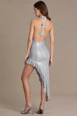Vivienne Premium Embellished Plunge Asymmetric Maxi Dress in Silver