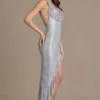 Vivienne Premium Embellished Plunge Asymmetric Maxi Dress in Silver
