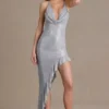 Vivienne Premium Embellished Plunge Asymmetric Maxi Dress in Silver