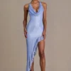 Vivienne Premium Embellished Plunge Asymmetric Maxi Dress in Sky Blue
