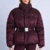 Waterproof Belted Oversized Ski Jacket in Burgundy