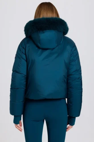 Waterproof Faux-Fur Hood Cropped Ski Jacket in Teal