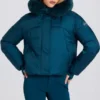 Waterproof Faux-Fur Hood Cropped Ski Jacket in Teal