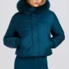 Waterproof Faux-Fur Hood Cropped Ski Jacket in Teal