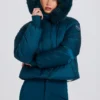 Waterproof Faux-Fur Hood Cropped Ski Jacket in Teal