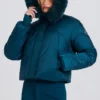 Waterproof Faux-Fur Hood Cropped Ski Jacket in Teal