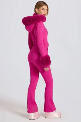 Waterproof Faux-Fur Hood Fitted Ski Suit in Magenta Pink