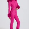 Waterproof Faux-Fur Hood Fitted Ski Suit in Magenta Pink