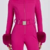 Waterproof Faux-Fur Hood Fitted Ski Suit in Magenta Pink