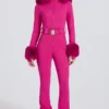 Waterproof Faux-Fur Hood Fitted Ski Suit in Magenta Pink
