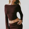 Wilona Ribbed-Knit Slash-Neck Top in Espresso