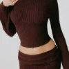 Wilona Ribbed-Knit Slash-Neck Top in Espresso