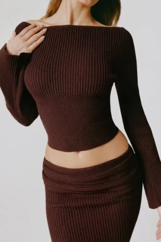 Wilona Ribbed-Knit Slash-Neck Top in Espresso