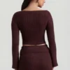 Wilona Ribbed-Knit Slash-Neck Top in Espresso