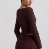 Wilona Ribbed-Knit Slash-Neck Top in Espresso