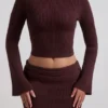 Wilona Ribbed-Knit Slash-Neck Top in Espresso