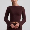 Wilona Ribbed-Knit Slash-Neck Top in Espresso