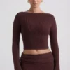 Wilona Ribbed-Knit Slash-Neck Top in Espresso