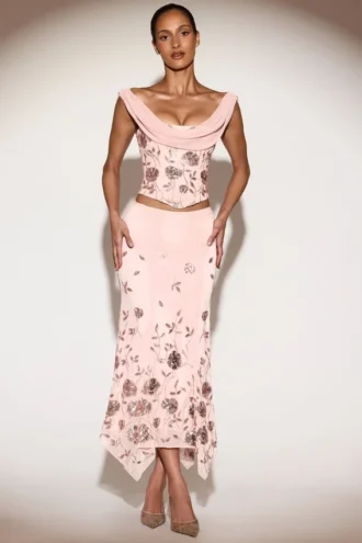 Winika Embellished Mid-Rise Hanky-Hem Midaxi Skirt in Pink