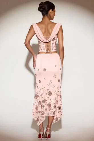 Winika Embellished Mid-Rise Hanky-Hem Midaxi Skirt in Pink