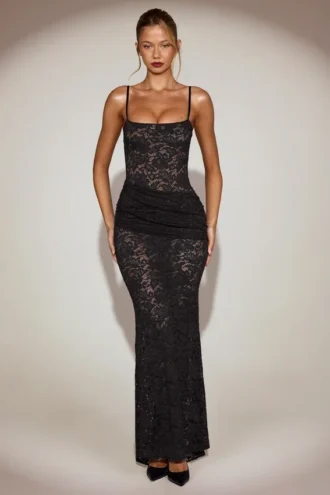 Wintra Sheer Lace Square-Neck Ruched Gown in Black