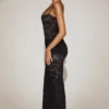Wintra Sheer Lace Square-Neck Ruched Gown in Black