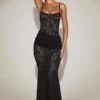 Wintra Sheer Lace Square-Neck Ruched Gown in Black