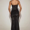Wintra Sheer Lace Square-Neck Ruched Gown in Black