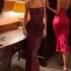 Wintra Sheer Lace Square-Neck Ruched Gown in Wine Red