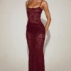 Wintra Sheer Lace Square-Neck Ruched Gown in Wine Red