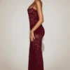 Wintra Sheer Lace Square-Neck Ruched Gown in Wine Red