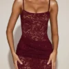 Wintra Sheer Lace Square-Neck Ruched Gown in Wine Red