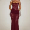Wintra Sheer Lace Square-Neck Ruched Gown in Wine Red