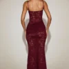 Wintra Sheer Lace Square-Neck Ruched Gown in Wine Red