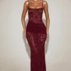 Wintra Sheer Lace Square-Neck Ruched Gown in Wine Red