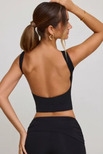 Wren High Neck Open Back Crop Top in Black