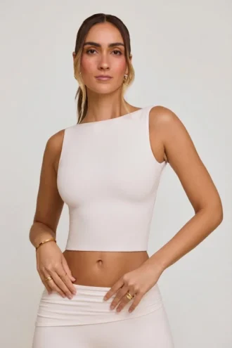 Wren High Neck Open Back Crop Top in White
