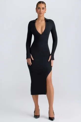 Yael Modal Plunge V-Neck Midaxi Dress in Black
