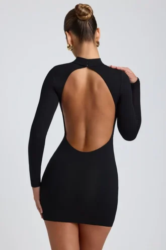 Yara Modal Open-Back Long-Sleeve Mini Dress in Black