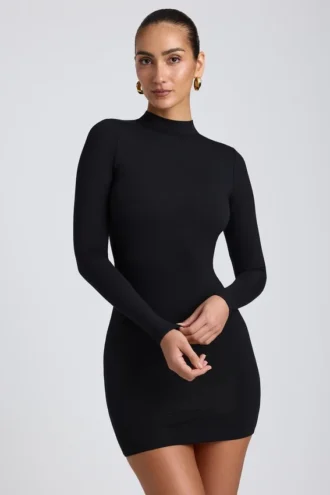 Yara Modal Open-Back Long-Sleeve Mini Dress in Black
