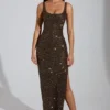 Yarina Embellished Scoop-Neck Thigh-Split Maxi Dress in Brown