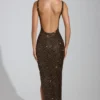 Yarina Embellished Scoop-Neck Thigh-Split Maxi Dress in Brown