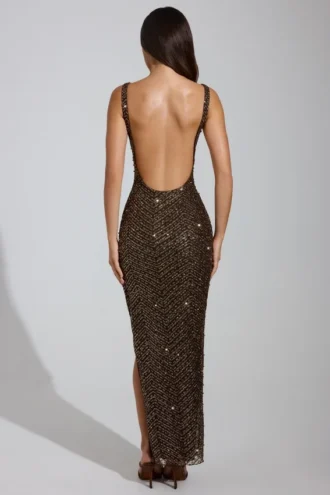 Yarina Embellished Scoop-Neck Thigh-Split Maxi Dress in Brown
