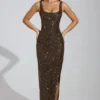 Yarina Embellished Scoop-Neck Thigh-Split Maxi Dress in Brown