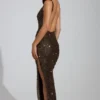 Yarina Embellished Scoop-Neck Thigh-Split Maxi Dress in Brown