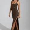 Yarina Embellished Scoop-Neck Thigh-Split Maxi Dress in Brown