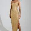 Yarina Embellished Scoop-Neck Thigh-Split Maxi Dress in Gold