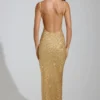 Yarina Embellished Scoop-Neck Thigh-Split Maxi Dress in Gold
